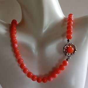 Elegant Faux  Coral Art Glass   Salmon Red Necklace 19" 8 mm